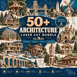Könnte beinhalten: Ein digitales Paket mit über 50 Architektur-Lasercut-Designs, darunter 3D-Modelle von Gebäuden, Häusern und Wahrzeichen. Das Bild zeigt ein Baumhaus, eine Brücke, einen Leuchtturm, eine Windmühle, eine Burg, ein Gewächshaus und einen Uhrturm.