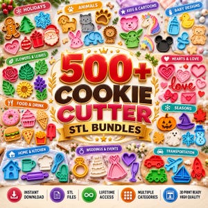 Pode incluir: Uma coleção de cortadores de biscoitos de plástico coloridos em várias formas, incluindo animais, símbolos de feriados, comida, flores e transporte, dispostos em torno do texto central 500+ COOKIE CUTTER STL BUNDLES com ícones de download.