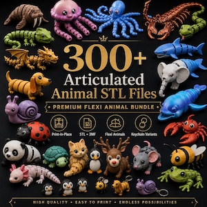 Könnte beinhalten: Eine Sammlung von 3D-gedruckten, beweglichen Tierfiguren, darunter ein Walross, eine Qualle, ein Oktopus, ein Skorpion, eine Eidechse, ein Drache, ein Hund, eine Schnecke, ein Marienkäfer, ein Panda, eine Schildkröte, eine Katze, ein Pinguin, ein Hirsch, eine Maus, eine Biene, ein Hai, ein Elefant, ein Delfin, eine Krabbe, ein Axolotl und ein Frosch.