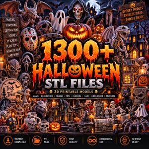 Puede incluir: Una colección digital de más de 1300 archivos STL de Halloween para impresión 3D, que incluye varios modelos espeluznantes como calabazas, calaveras, fantasmas, casas encantadas, esqueletos y máscaras con un tema festivo oscuro.