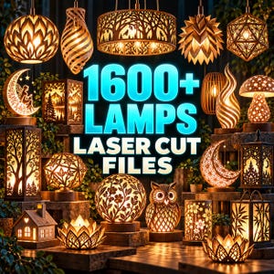 May include: A collection of various laser-cut wooden lamps and light fixtures featuring intricate patterns like trees, moons, flowers, and animals. The text 1600+ LAMPS LASER CUT FILES is displayed in large, bright blue letters in the center of the image.