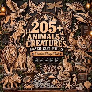 May include: A collection of laser-cut wooden animal designs including an eagle, butterfly, wolf, shark, lion, dog, cat, dinosaur, rabbit, snake, and sea creatures, with the text 205+ ANIMALS & CREATURES LASER CUT FILES Premium Design Pack.