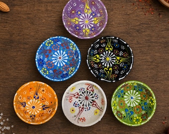 Hand-Painted Turkish Ceramic Dipping Bowls Set | Ottoman Floral Pottery | Small Serving, Snack, Nut, Sauce, Dip, Tapas Bowls, Set of 6
