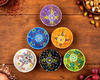 Handmade Ceramic Bowls Set of 6, Hand-Painted Turkish Ceramic Dipping Bowls Set, Small Serving Bowls, Small Prep Bowls for Breakfast