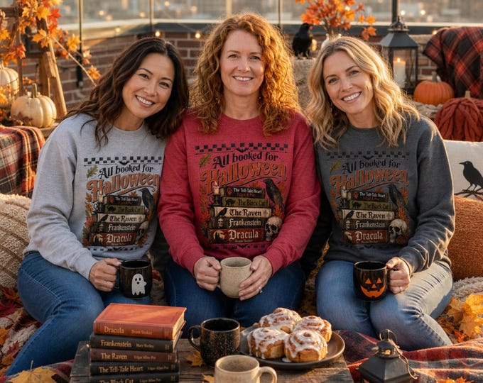 Featured listing image: All Booked for Halloween Stack of spooky books Sweatshirt | Halloween reading, Book Lovers Sweatshirt, Spooky Season, Cozy Fall Sweatshirt.