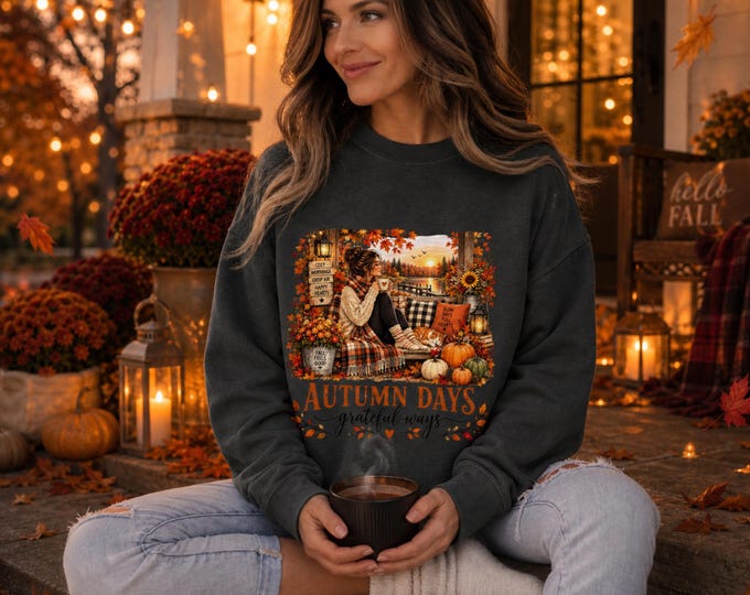 Featured listing image: Autumn Days Cozy Fall Sweatshirt | pumpkins plaid, gratitude, Fall Shirt, Cozy Sweatshirt ,Fall Gift, Fall Season Sweater, Fall Shirt.