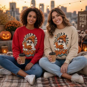 Cute Ghost Checkered Pumpkin BOO sweatshirt | Halloween Crewneck, Spooky Season Sweatshirt, Halloween Friendship, Spooky Vibes, Cozy Fall.