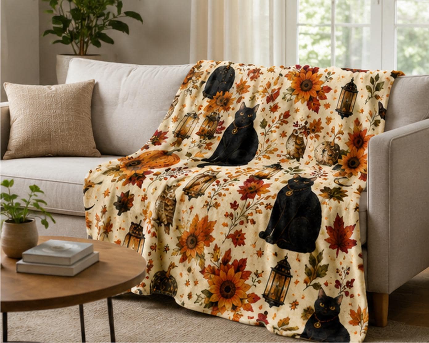 Black Cat Fleece Blanket, Fall Halloween Pumpkin Owl Throw Blanket, Witchy Autumn Decor, Cozy Cat Lo
