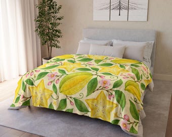 Starfruit Fleece Blanket, Tropical Fruit Throw, Botanical Floral Decor, Colorful Nature Lover Gift