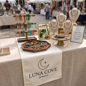 Puede incluir: Un expositor de joyas con un soporte de latón de varios niveles con pulseras de cuentas de colores, una bandeja de madera con pulseras circulares y cuatro bustos con collares de cuentas. Un pequeño espejo y un cartel que dice LUNA COVE jewelry.