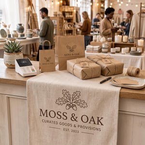 May include: A beige fabric table runner with the brown printed text MOSS & OAK CURATED GOODS & PROVISIONS EST. 2023 and an acorn logo. On the counter are two brown paper bags, two wrapped packages with tags, a white payment terminal, and a succulent.