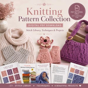 Knitting Pattern Collection, Cable & Lace Stitch Library, Scarf Mitts Bag Flower Patterns, PDF Digital Download, Knit Tutorials