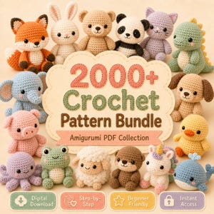 Puede incluir: Una colección de varios animales amigurumi de ganchillo que incluye un zorro, conejo, oso, panda, gato, dinosaurio, elefante, perro, cerdo, pato, pulpo, rana, oveja, nutria, unicornio y ballena alrededor de un letrero que dice 2000+ Crochet Pattern Bundle.
