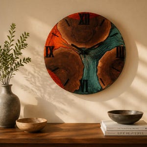 May include: A circular wall clock featuring natural wood segments separated by vibrant red and teal resin inlays. The clock face displays black Roman numerals at the twelve, three, six, and nine o'clock positions, with black hour and minute hands.