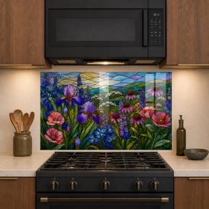 May include: A rectangular kitchen backsplash panel featuring a stained glass style illustration of a vibrant garden. The scene displays purple irises, pink poppies, and blue lupines against a backdrop of rolling hills and a multi-colored sky.