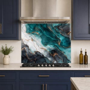 Teal Agate Geode Glass Backsplash, Copper Abstract Kitchen Splashback