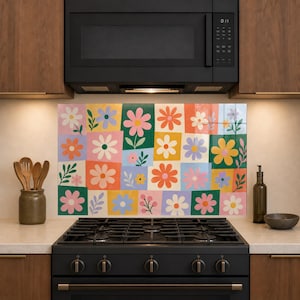 Retro Daisy Tile Backsplash, Colorful Patchwork Floral Pattern