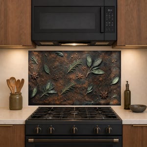 Botanical Spice Glass Backsplash, Dark Sage Herb Pattern