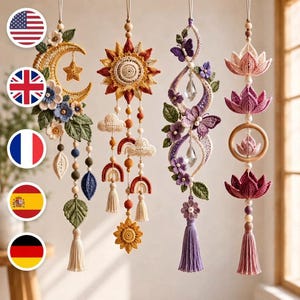 May include: Four vertical hanging wall decorations featuring intricate crochet work. The first displays a crescent moon and flowers. The second features a sun, clouds, and rainbows. The third shows butterflies and crystals. The fourth includes lotus flowers.