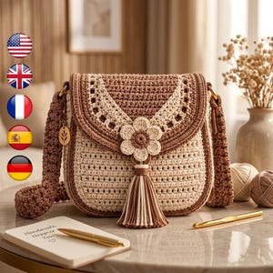 May include: A two-tone brown and cream crochet crossbody bag featuring a flap with a central crocheted flower embellishment and a multi-colored tassel. The bag has a thick textured strap and is crafted with a visible stitch pattern throughout the body.