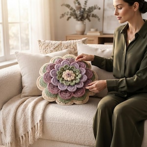 May include: A round, multi-layered crochet pillow shaped like a blooming flower. The design features concentric petals in shades of cream, sage green, and dusty mauve, with a textured, raised center. The pillow has a soft, yarn-based construction.