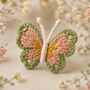 May include: A crocheted butterfly ornament featuring a central body in off-white yarn with two antennae. The wings are layered with a sage green outer border, a soft pink middle section, and a vibrant mustard yellow center, all crafted from yarn.