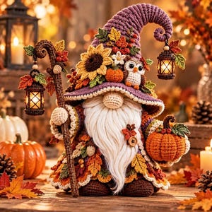 May include: A crocheted gnome figurine wearing a purple hat adorned with a sunflower, autumn leaves, and a small owl. The gnome holds a staff with a hanging lantern and a crocheted pumpkin, featuring a long white beard and a wooden button detail.