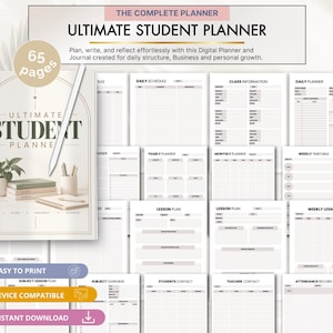 Peut inclure: Un planificateur étudiant numérique de 65 pages avec une couverture intitulée Ultimate Student Planner. L'ensemble comprend divers modèles pour les emplois du temps, les cours, les leçons, les plannings mensuels et hebdomadaires.