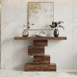 May include: A dark brown wooden console table with a stacked block base design. On the surface sits a clear glass vase with thin branches, a white bowl containing small white stones, and a dark gray vase holding a small flowering plant.