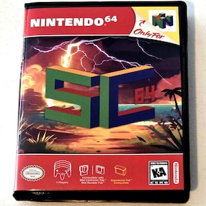 May include: A Nintendo 64 video game case for the game SC 64. The cover features a tropical beach scene with lightning in the sky, the large green and blue letters SC 64, and the Nintendo 64 logo. The bottom red border displays compatibility icons.