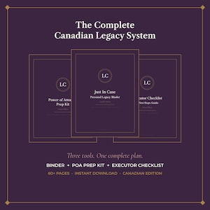 May include: The Complete Canadian Legacy System includes three documents: Power of Attorney Prep Kit, Just In Case Personal Legacy Binder, and Executor Checklist First Steps Guide. The dark purple set features gold text and borders, 60+ pages, and is a digital download.