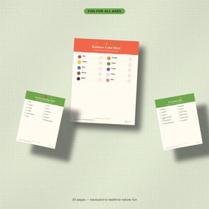 May include: Three printable activity sheets featuring a Rainbow Color Hunt, Garden Scavenger Hunt, and Tree Study Hunt. The sheets include checkboxes, color lists, and nature-themed prompts. The top banner reads FUN FOR ALL AGES and the bottom text reads 20 pages &mdash; backyard to bedtime nature fun.
