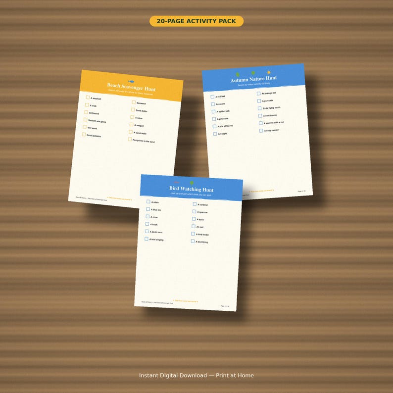 May include: A 20-page activity pack featuring three printable sheets: a yellow Beach Scavenger Hunt, a blue Autumn Nature Hunt, and a blue Bird Watching Hunt. Each sheet contains a checklist of items to find with checkboxes for tracking progress.