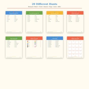 May include: A collection of eight printable scavenger hunt activity sheets with colorful headers. The pages feature checklists for backyard, forest, beach, summer, winter, rainbow colors, textures, and alphabet themes with checkboxes for tracking items.