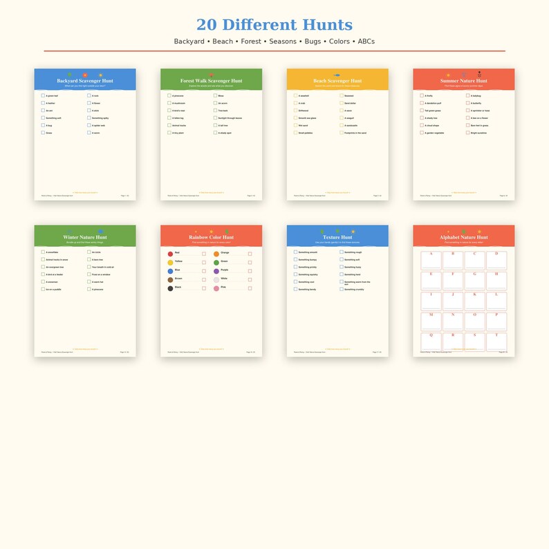 May include: A collection of eight printable scavenger hunt activity sheets with colorful headers. The pages feature checklists for backyard, forest, beach, summer, winter, rainbow colors, textures, and alphabet themes with checkboxes for tracking items.