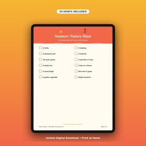 May include: A digital Summer Nature Hunt checklist on a tablet screen. The header reads Summer Nature Hunt with icons of a sun and flowers. It lists twelve items to find, including a firefly, ladybug, and dandelion puff, each with a checkbox.