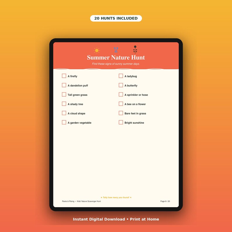 May include: A digital Summer Nature Hunt checklist on a tablet screen. The header reads Summer Nature Hunt with icons of a sun and flowers. It lists twelve items to find, including a firefly, ladybug, and dandelion puff, each with a checkbox.