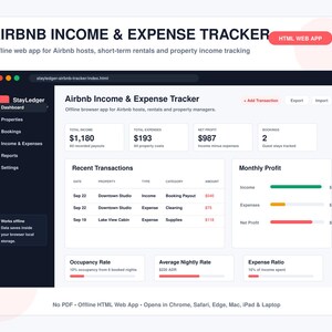 May include: An Airbnb Income & Expense Tracker HTML web app interface displayed on a screen. The dashboard shows financial metrics, recent transactions, monthly profit charts, occupancy rates, and expense ratios for short-term rental property management.