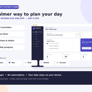 May include: An ADHD daily routine planner web app interface featuring a dark sidebar and white dashboard. Text includes 'A calmer way to plan your day', 'Top 3 priorities', 'Focus timer', 'Routines & habits', 'Weekly progress', and 'No login'.