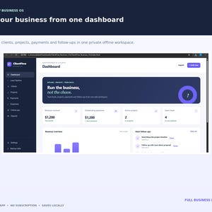 Puede incluir: Una interfaz de panel de control empresarial llamada ClientFlow Business OS. La pantalla muestra una barra lateral oscura con enlaces de navegación, un área central con métricas de ingresos, seguimiento de proyectos y un banner que dice Run the business, not the chaos.