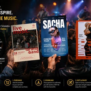 Può includere: Tre modelli rettangolari di volantini per concerti visualizzati su uno sfondo sfocato di un concerto. I volantini presentano una tipografia audace, dettagli dell'evento e immagini di artisti. Il testo include PROMOTE. INVITE. INSPIRE. SHARE THE MUSIC.