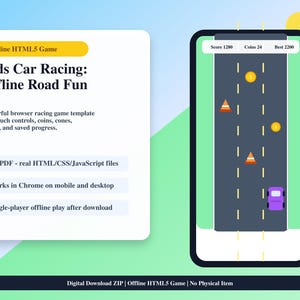 Könnte beinhalten: Eine digitale Produktanzeige für ein HTML5-Rennspiel. Die linke Seite enthält Text inklusive Titel, während die rechte Seite einen Smartphone-Bildschirm zeigt, der eine graue Straße mit einem lila Auto, orangefarbenen Kegeln und gelben Münzen darstellt.