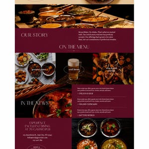 Könnte beinhalten: Eine Website-Vorlage für Masala Bistro mit einem Layout aus Food-Fotografien, darunter Schüsseln mit Curry, Reis und Craft Beer. Das Design enthält Abschnitte für die Geschichte, das Menü, aktuelle Nachrichten und Kontaktdaten für 76 Gastropub.
