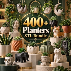 Pode incluir: Uma coleção digital de mais de 400 arquivos STL para impressão 3D de vasos, com designs variados, incluindo formas de animais, bustos de rostos humanos, uma caveira, uma cabeça de Buda e vários vasos geométricos.