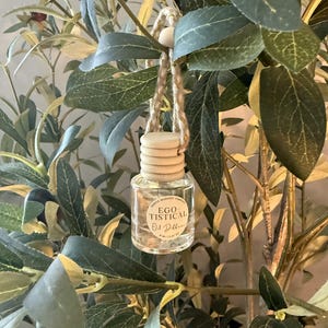 May include: A small clear glass oil diffuser bottle with a light-colored wooden cap and a braided jute hanging cord. The circular label on the front features the text EGO-TISTICAL Oil Diffuser 8 ML 0.27 OZ in black lettering on a white background.