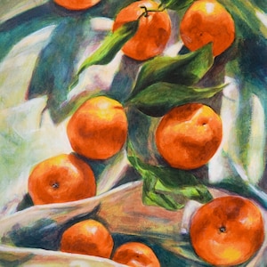 May include: An oil painting depicting eight vibrant orange tangerines with green leaves arranged on a draped, light-coloured fabric. The composition features deep blue and purple shadows cast across the folds of the cloth, highlighting the round shapes and textured surfaces of the fruit.