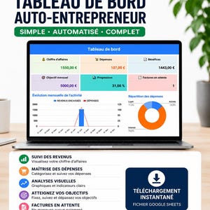 Peut inclure: Un tableau de bord Google Sheets pour auto-entrepreneur affiché sur un écran d'ordinateur. L'interface présente des indicateurs financiers, dont le chiffre d'affaires, les dépenses et bénéfices, avec un graphique d'activité, un diagramme en anneau et des factures.