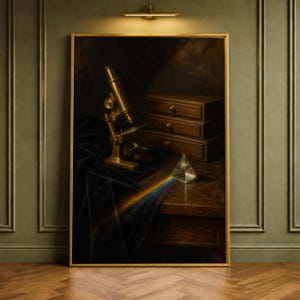 May include: A framed wall art print featuring a brass microscope, a wooden chest with three drawers, and a glass prism casting a rainbow light spectrum onto a dark surface. The composition is set against a dark, moody background with deep shadows.