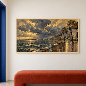 Coastal Sunset Canvas Print, Dramatic Sky, Palm Trees, Ocean Waves, Living Room Decor, Seaside Home Aesthetic, coastal wall art