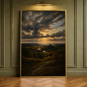 Elegant Canvas Print of Dramatic Landscape with Castle, Gold Accents, Perfect for Living Room or Bedroom Decor, canvas wall art